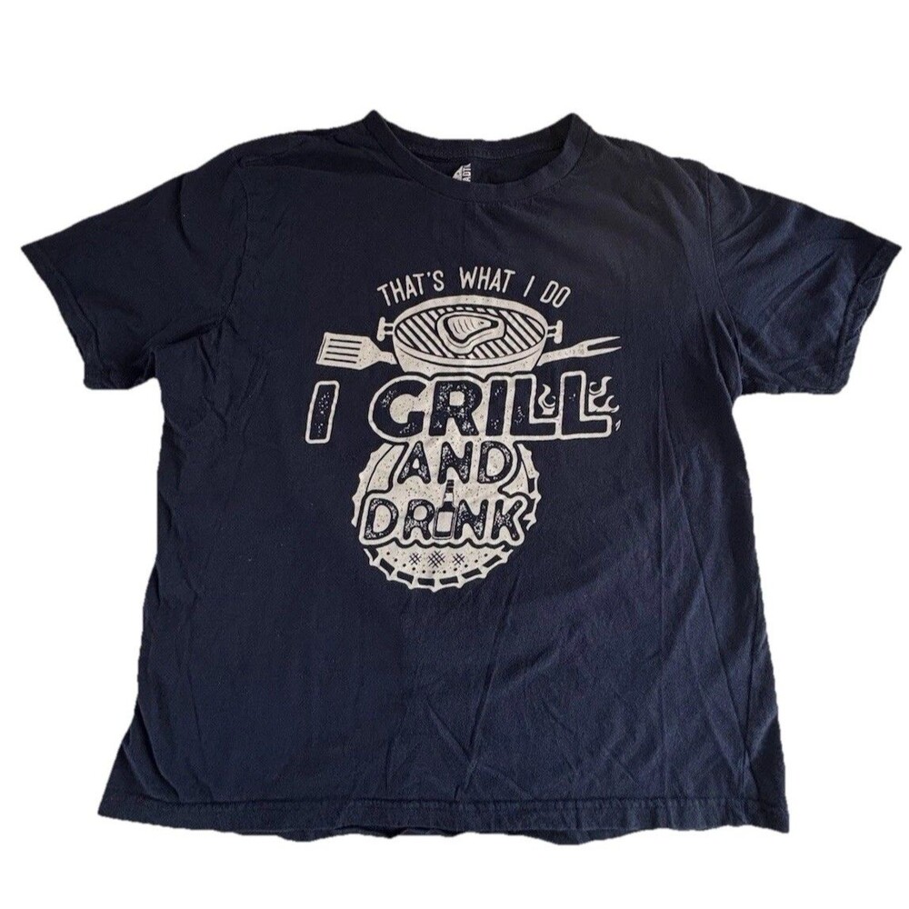 Men’s Funny Grill T-Shirt BBQ I Grill and Drink Graphic Tee Blue XL